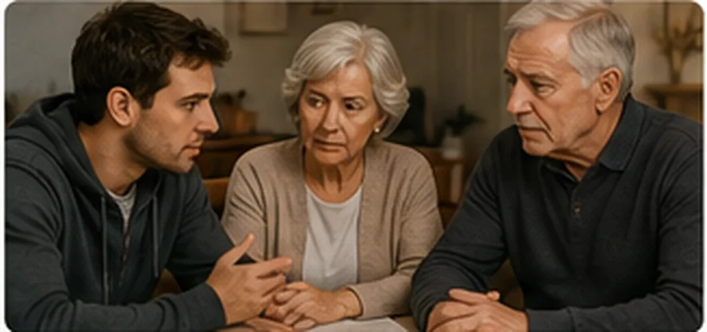 Hijo adulto conversando con sus padres que lo apoyaron económicamente durante años