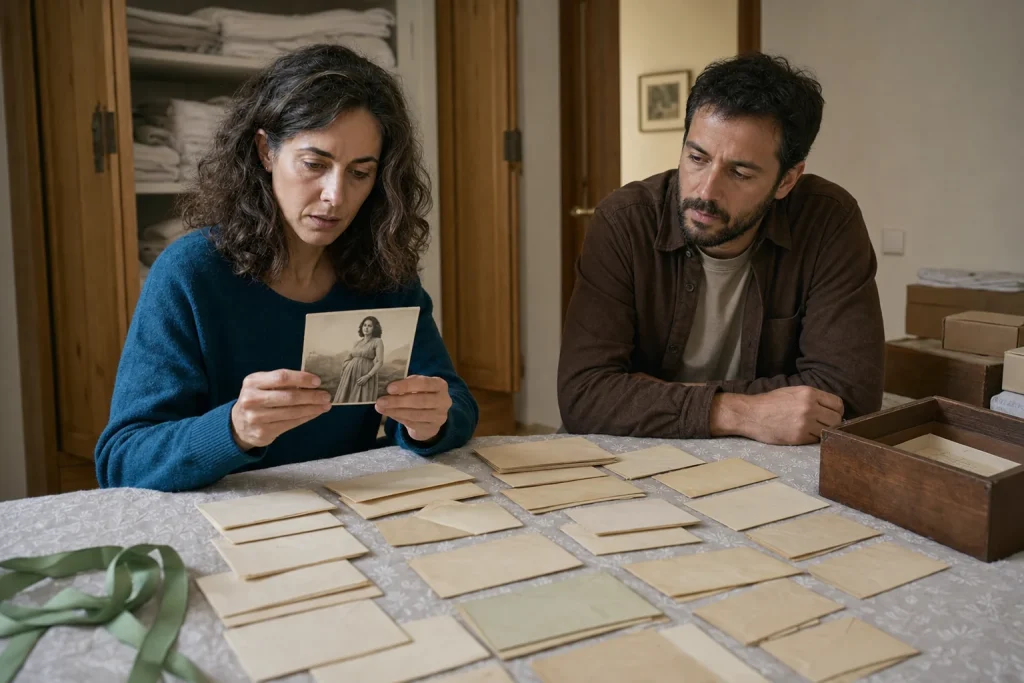 Elena y Pablo observan una fotografía antigua encontrada entre numerosos sobres