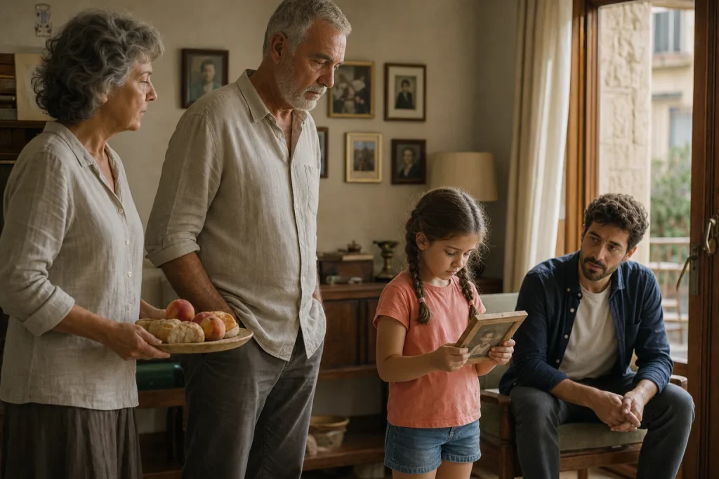 Inés observa una fotografía antigua de Daniel ante Teresa, Rafael y su padre