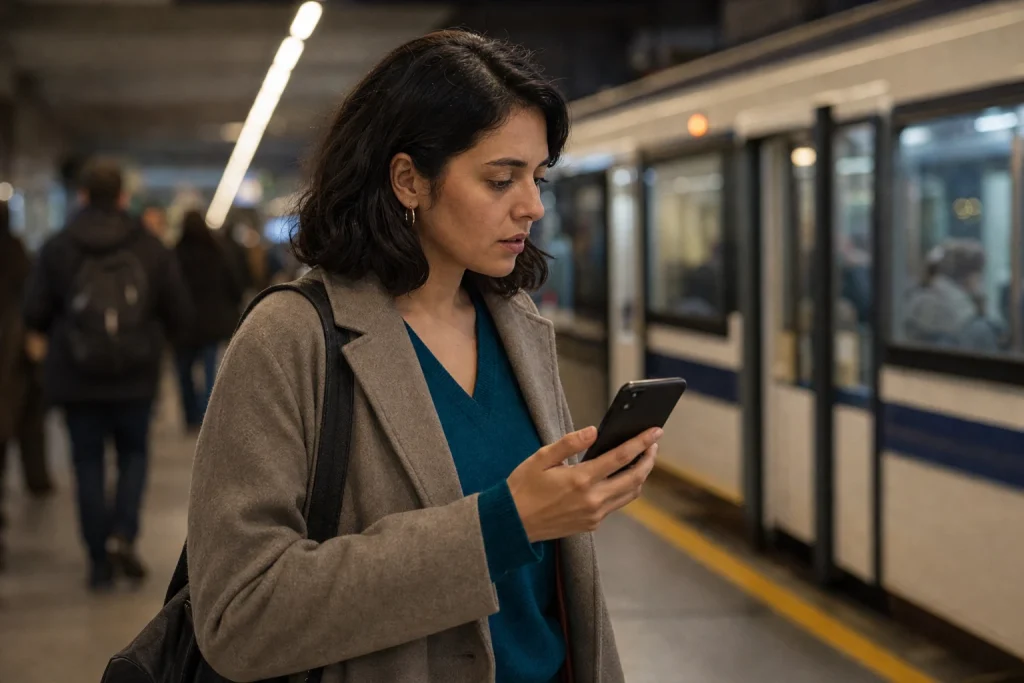 Lucía mira su teléfono con sorpresa en el andén de una estación de metro