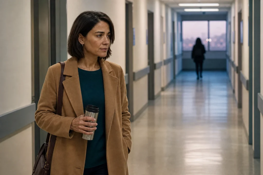 Laura camina por un pasillo de hospital con un termo de café en la mano