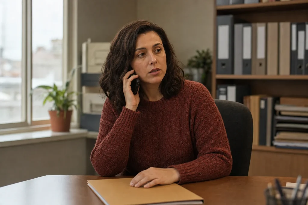 Irene sostiene un teléfono junto a una carpeta en una oficina tranquila