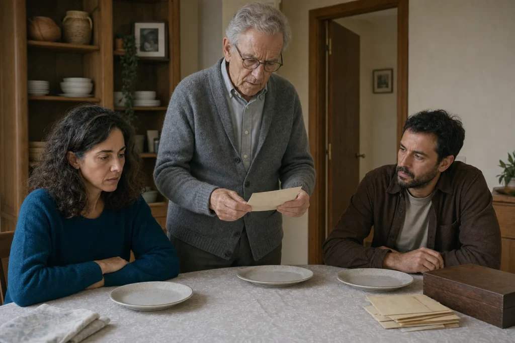 Julián lee una carta de pie mientras Elena y Pablo esperan junto a la mesa