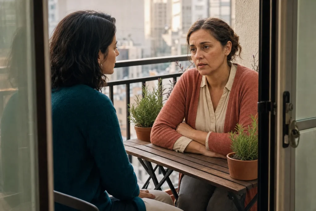 Teresa y Lucía conversan en el pequeño patio del departamento familiar