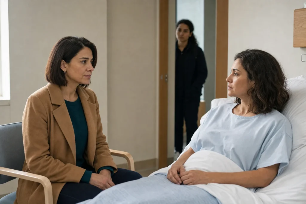 Laura está sentada junto a la cama de Irene en una habitación de hospital