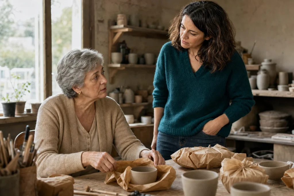 Teresa envuelve tazas de cerámica mientras Sofía la escucha en su taller