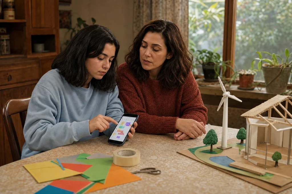 Irene y Alma trabajan junto a una maqueta escolar y un teléfono sobre una mesa