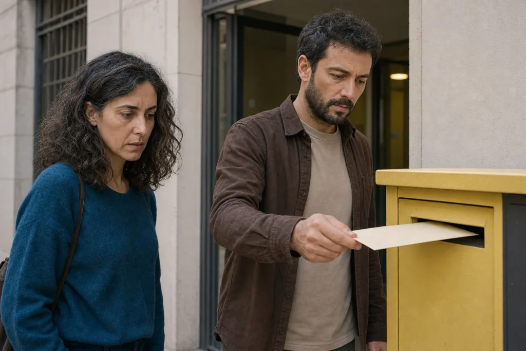 Pablo introduce un sobre en un buzón mientras Elena observa a su lado