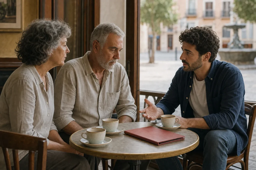 Daniel habla con Teresa y Rafael en una cafetería junto a una carpeta roja