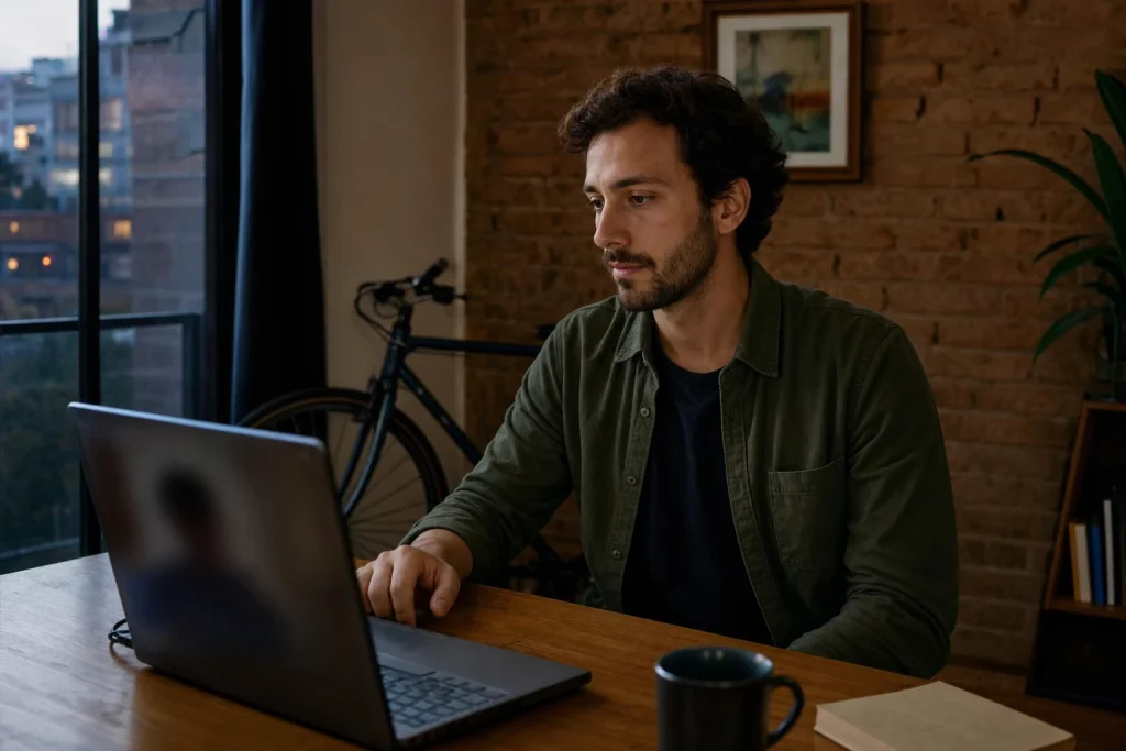 Daniel está sentado frente a un portátil en su departamento, con una bicicleta al fondo