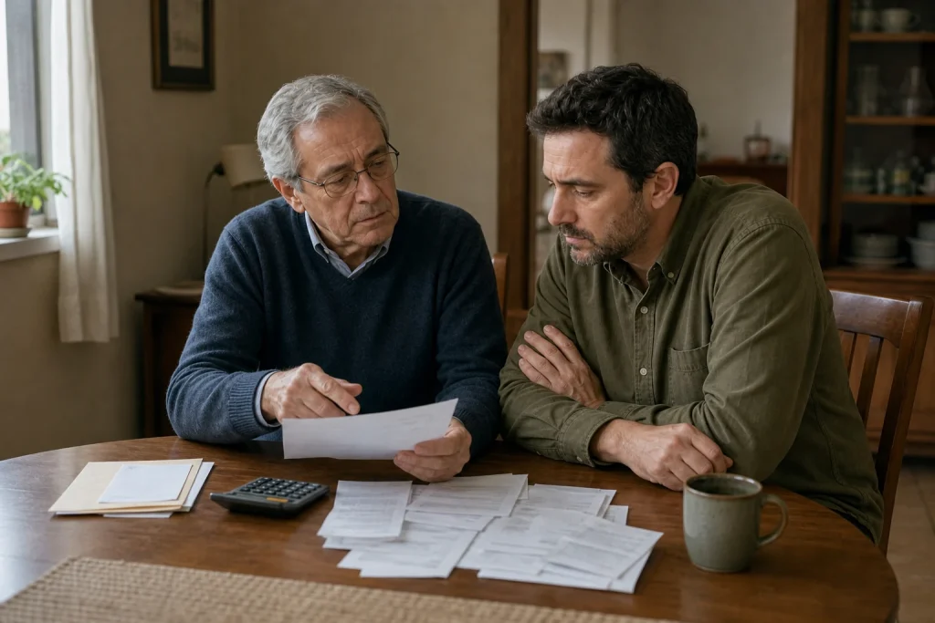 Héctor muestra papeles a Marcos en la mesa de la casa familiar