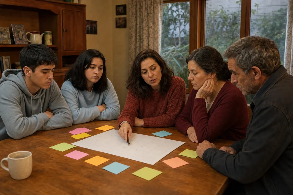 Irene, sus padres y sus hermanos revisan un calendario y notas de colores en una mesa
