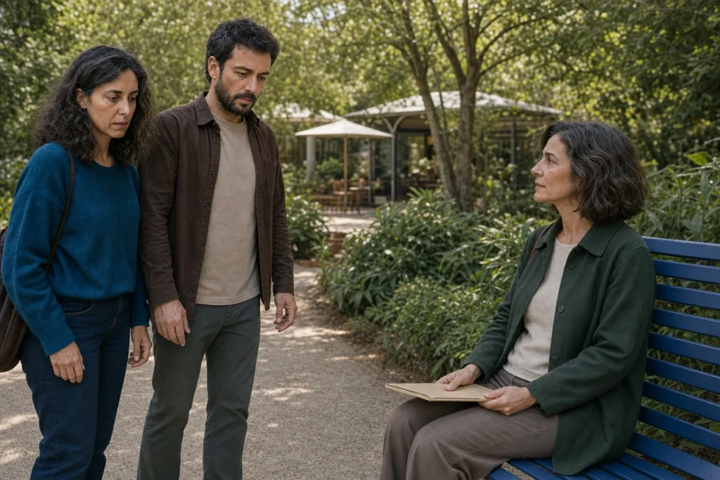 Elena y Pablo se acercan a Beatriz, que espera sentada en un banco azul del jardín