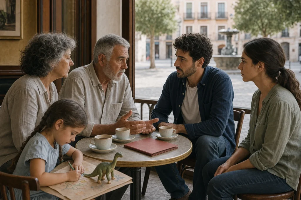 Teresa, Rafael, Daniel y Laura conversan mientras Inés dibuja a su lado