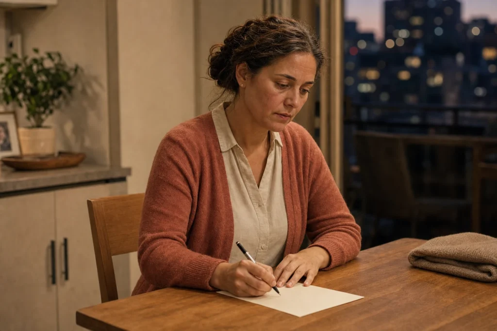 Teresa escribe una carta en la mesa de su departamento durante la noche