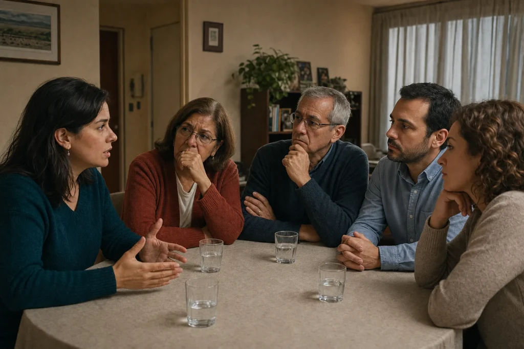 Daniela conversa con Elena, Raúl, Sergio y Paula alrededor de una mesa