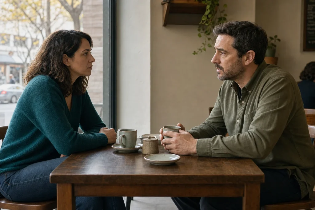 Sofía y Marcos conversan seriamente frente a dos tazas en una cafetería