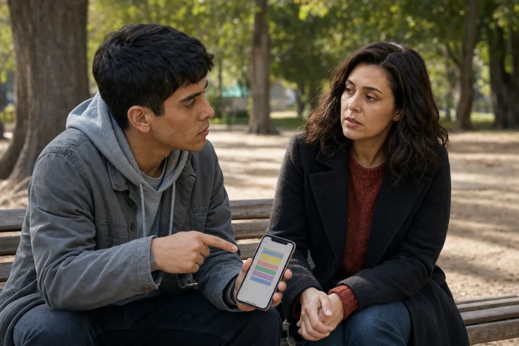 Irene conversa con Nico en un banco de un parque mientras él mira su teléfono