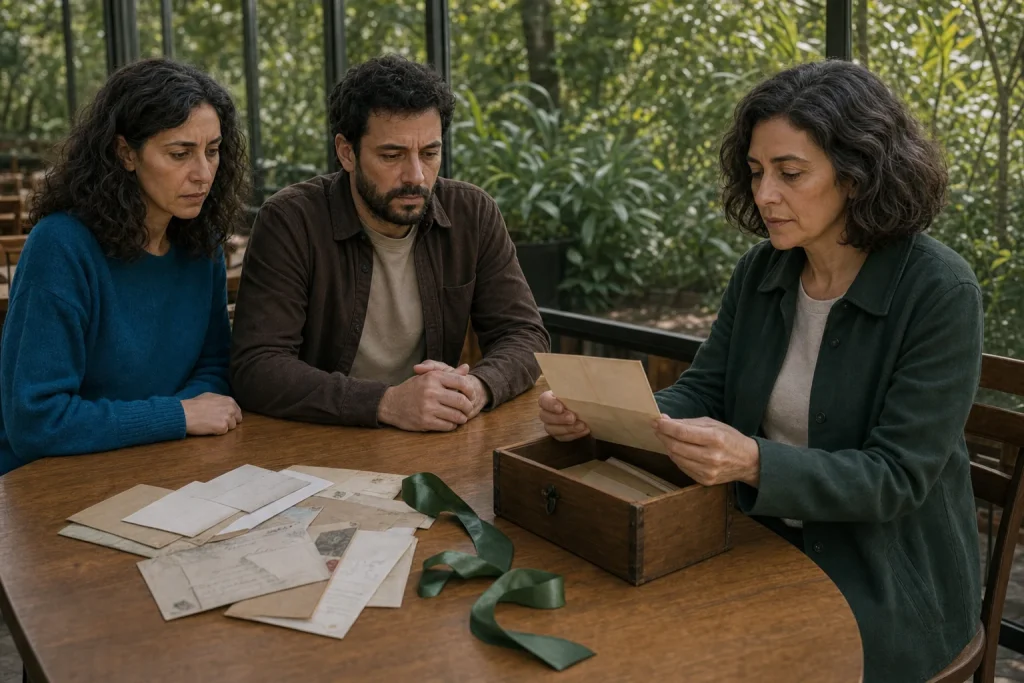 Beatriz lee una carta junto a la caja abierta mientras Elena y Pablo esperan en silencio