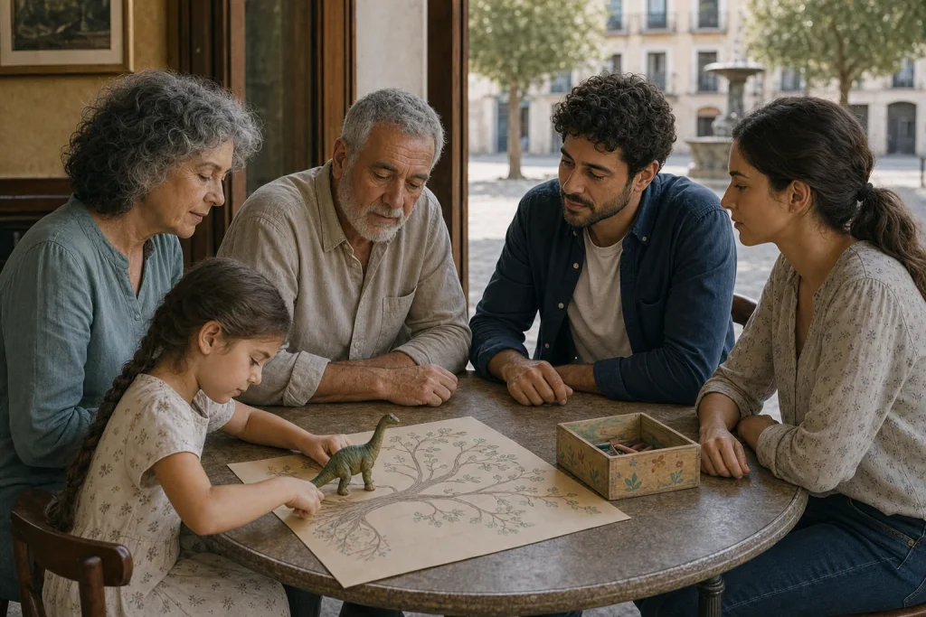 Inés muestra su árbol familiar a Teresa, Rafael, Daniel y Laura alrededor de una mesa