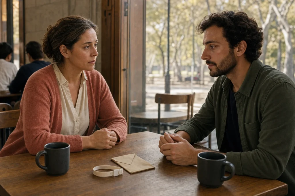 Teresa y Daniel conversan frente a frente en una cafetería junto a un parque