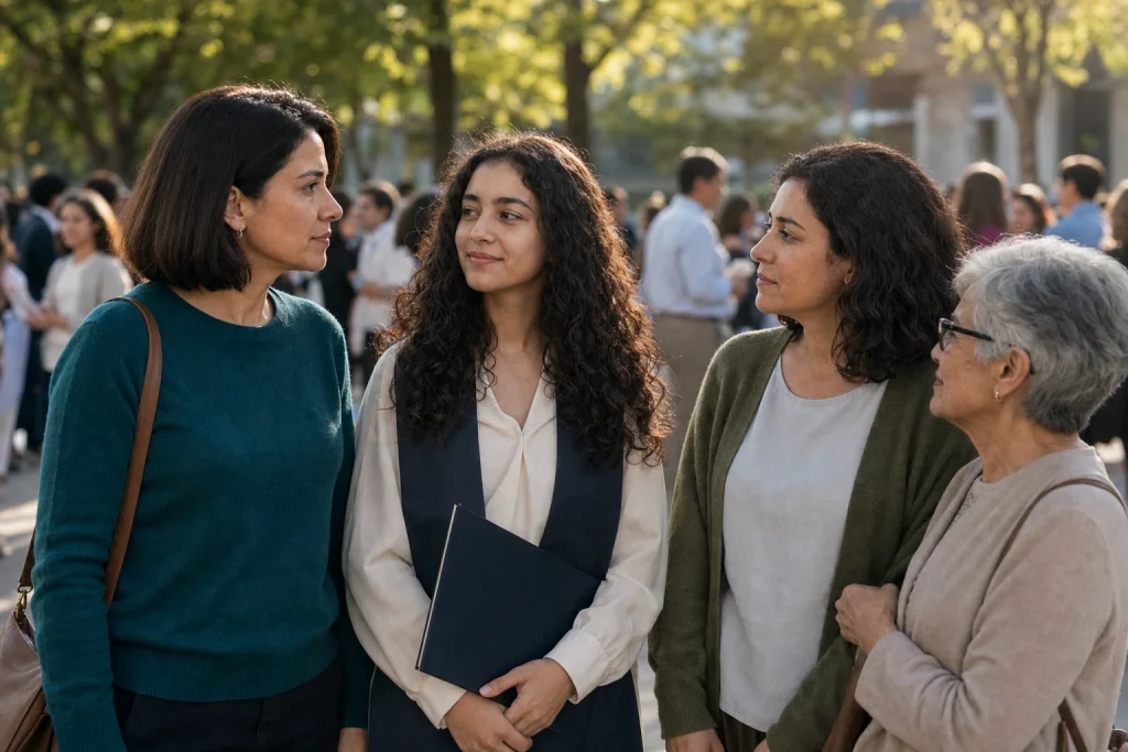 Laura, Vera, Irene y Rosa se reúnen en un patio escolar después de una graduación
