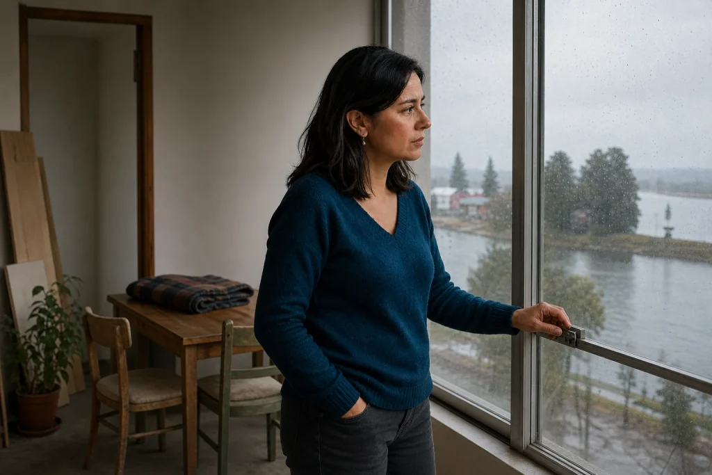 Daniela observa por la ventana de su pequeño departamento junto al río en un día lluvioso