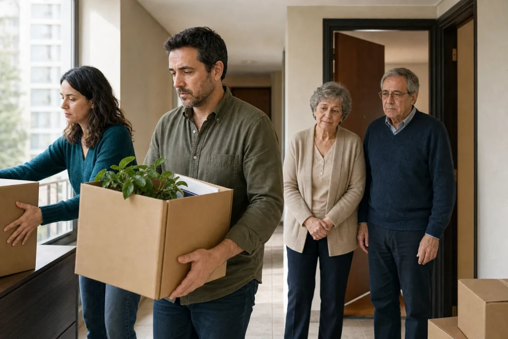 Marcos y Sofía llevan cajas mientras Teresa y Héctor esperan en la entrada de un departamento