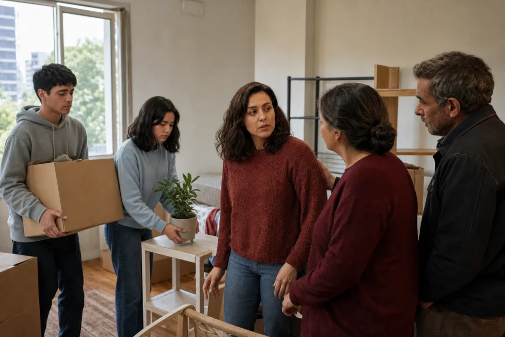 Irene, sus padres y sus hermanos llevan cajas y una planta a un departamento luminoso