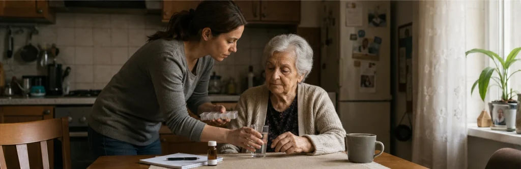 Hija ayudando a su madre anciana con la medicación en casa