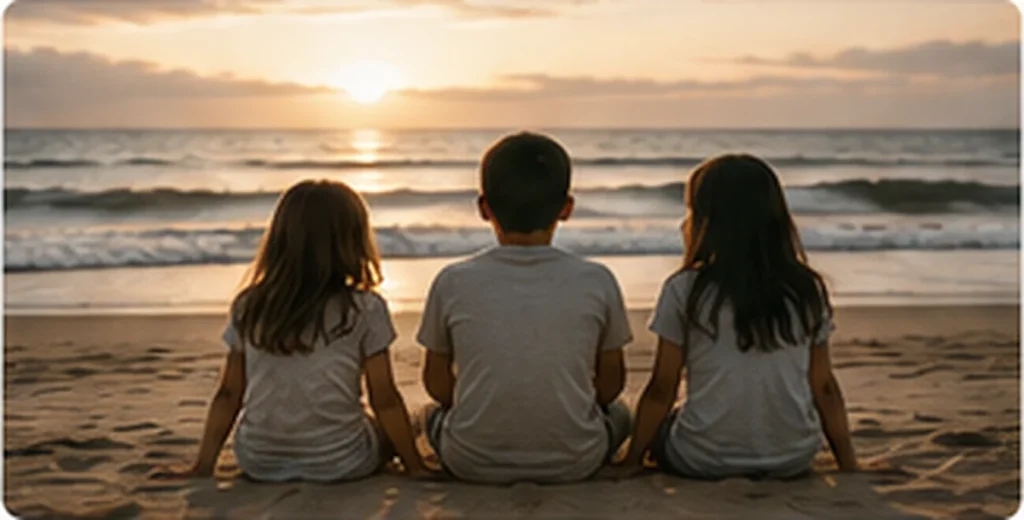 Tres hermanos de niños sentados juntos frente al mar