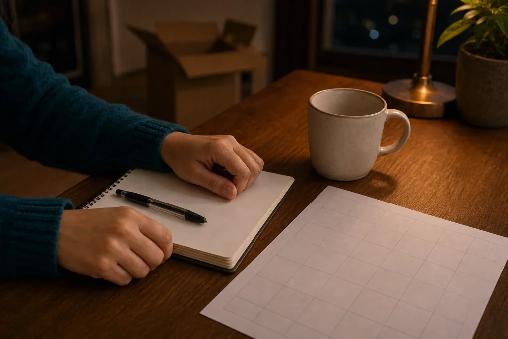 Las manos de Daniela descansan junto a un cuaderno, una taza y una hoja de cuadrícula vacía