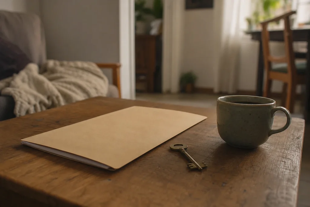La carpeta de la venta Una carpeta cerrada y una llave antigua descansan junto a una taza sobre una mesa de madera
