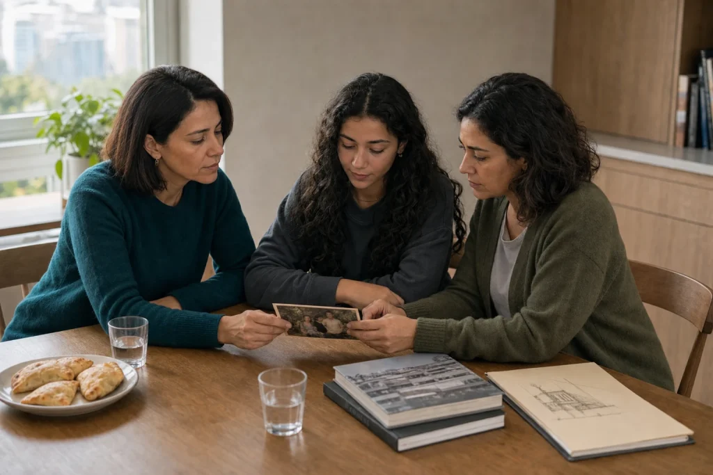 Laura, Irene y Vera miran una fotografía antigua sentadas alrededor de una mesa