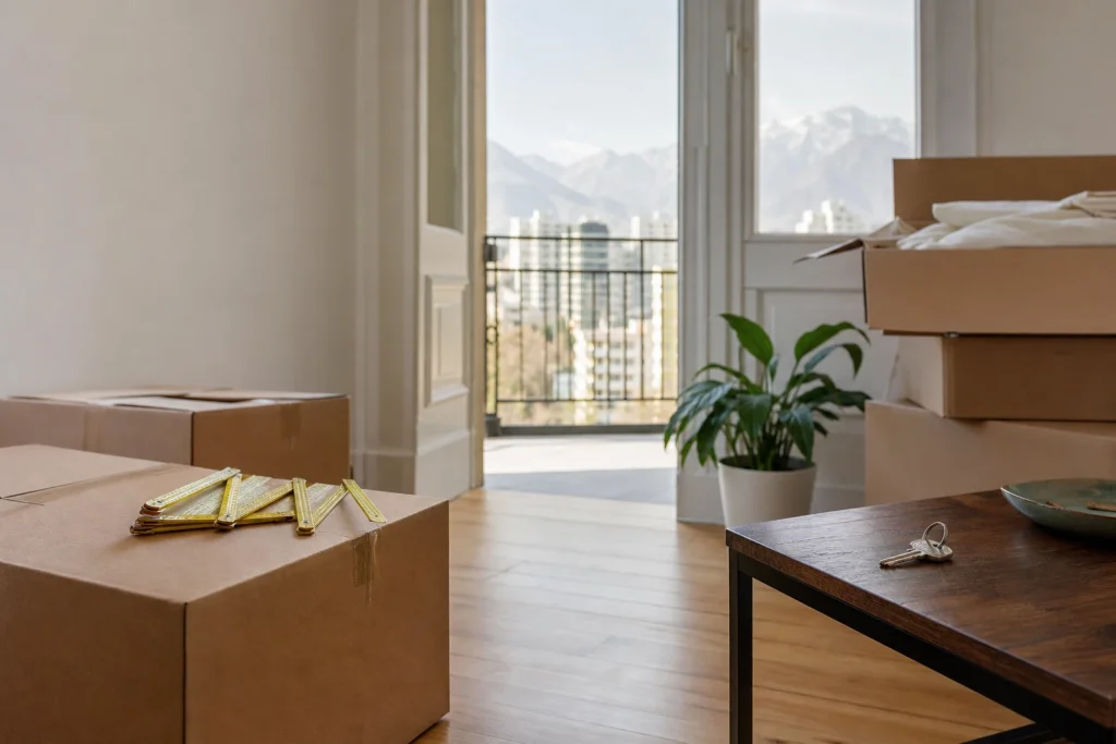 Cajas en el departamento nuevo Cajas de mudanza, una planta y una llave están en la entrada luminosa de un departamento
