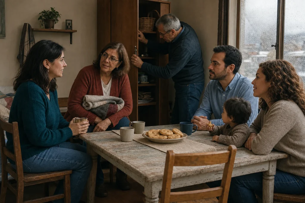 La familia de Daniela conversa en su pequeño departamento alrededor de una mesa con sopaipillas