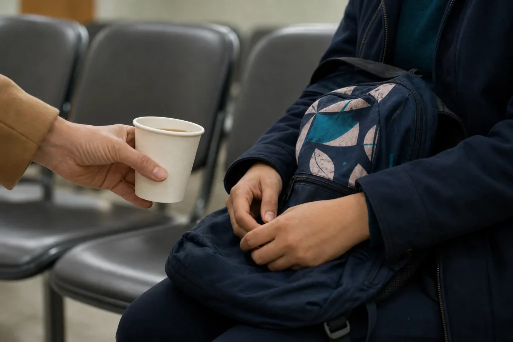 Una mano ofrece un vaso de café a una adolescente junto a una mochila en una sala de espera