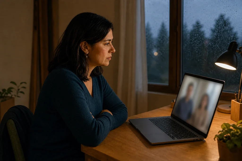 La videollamada con Sergio Daniela escucha con atención una videollamada en un escritorio junto a una ventana lluviosa