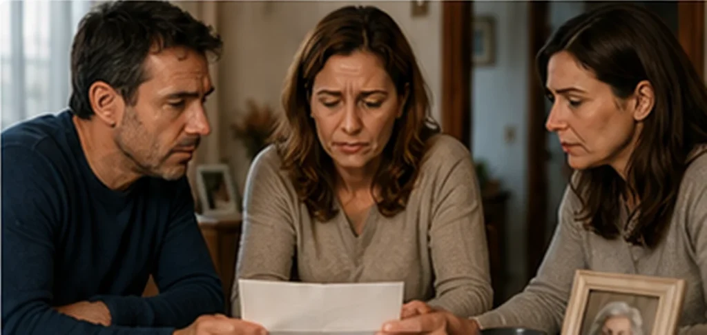 Tres hermanos leyendo juntos la carta que dejó su madre