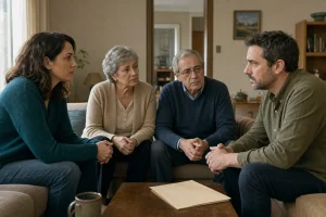 Sofía, Marcos, Teresa y Héctor conversan con tensión en el living de la casa familiar