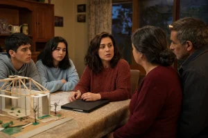 Irene conversa con sus padres y sus dos hermanos alrededor de una mesa familiar