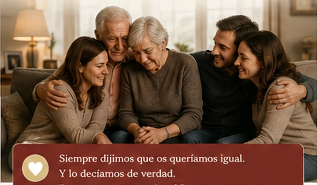 Tres hermanos adultos reunidos tras la muerte de sus padres ante documentos familiares