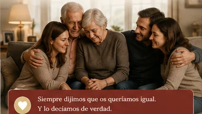 Tres hermanos adultos reunidos tras la muerte de sus padres ante documentos familiares