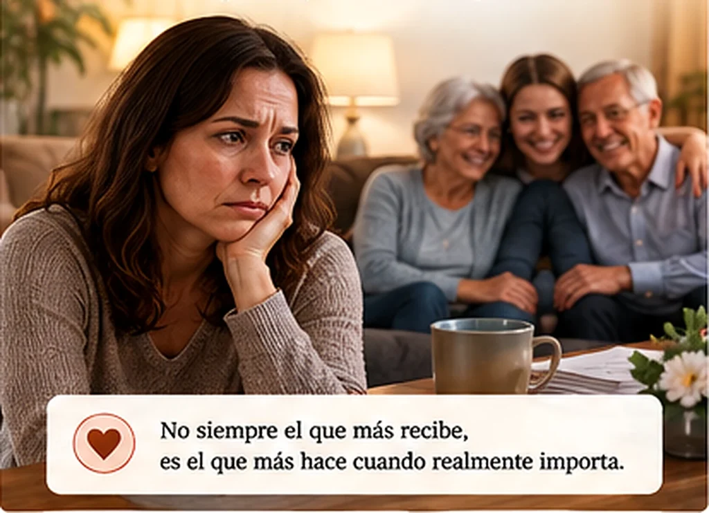Lucía preocupada mientras sus padres y su hermana aparecen juntos al fondo