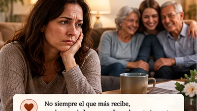 Lucía preocupada mientras sus padres y su hermana aparecen juntos al fondo