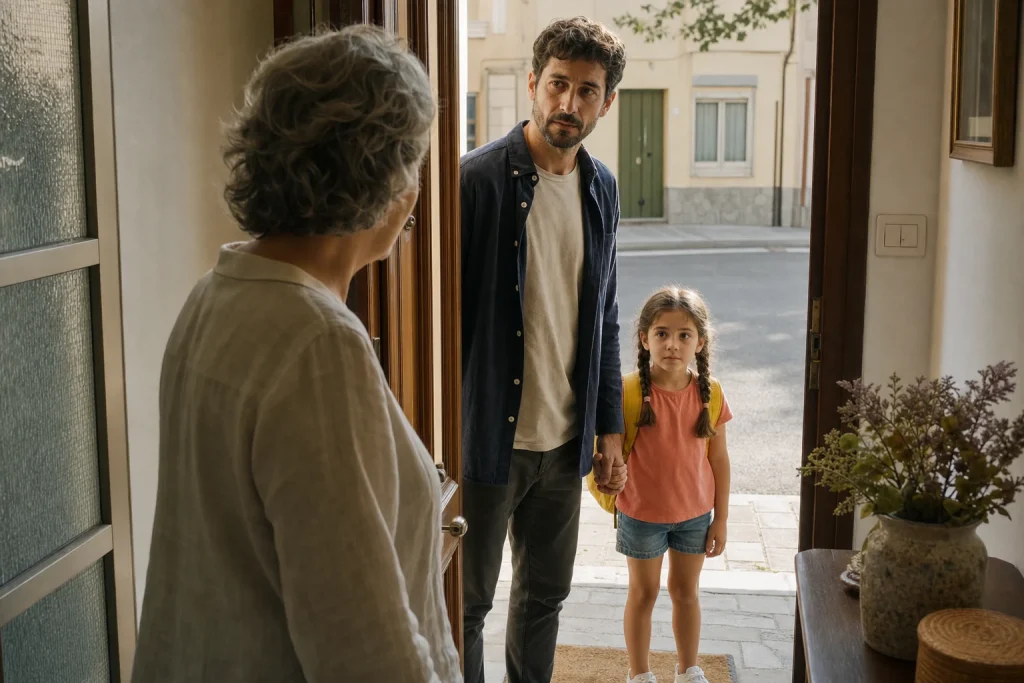 Teresa abre la puerta y encuentra a Daniel acompañado por su hija Inés