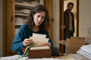 Elena sostiene varias cartas antiguas junto a una caja de madera mientras Pablo entra en el dormitorio