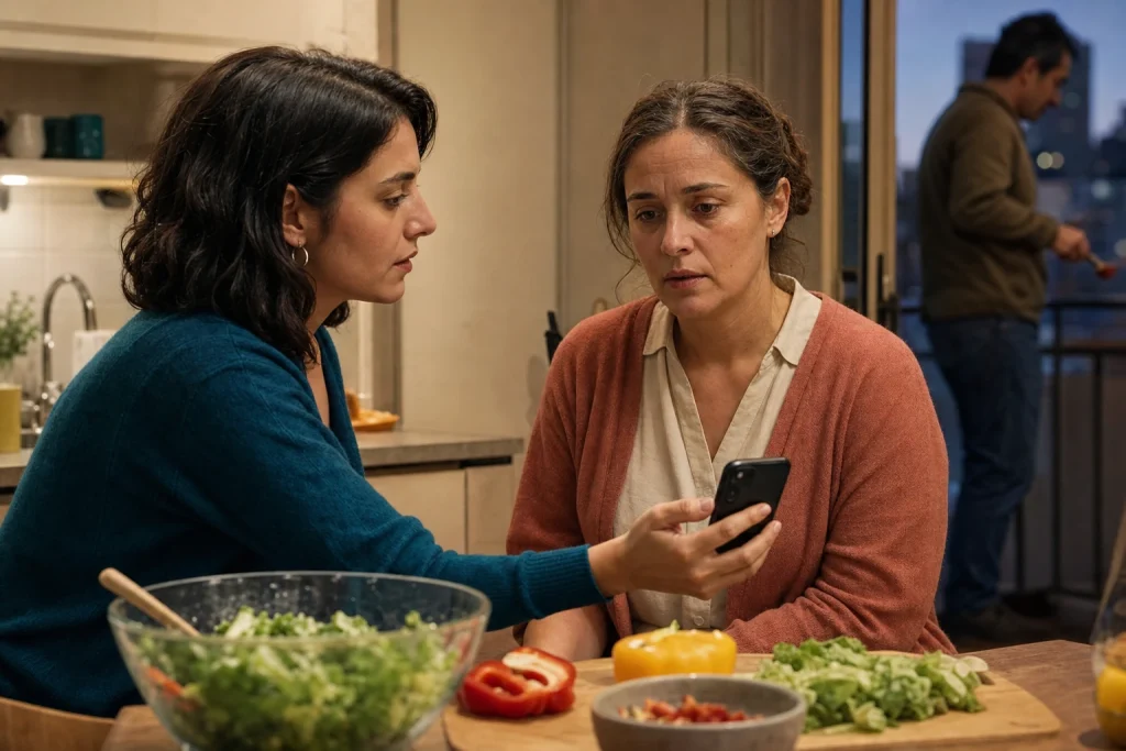 Lucía enseña su teléfono a Teresa en una cocina mientras Arturo aparece desenfocado al fondo