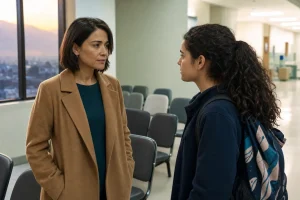 Laura y Vera se miran con cautela en una sala de espera de hospital