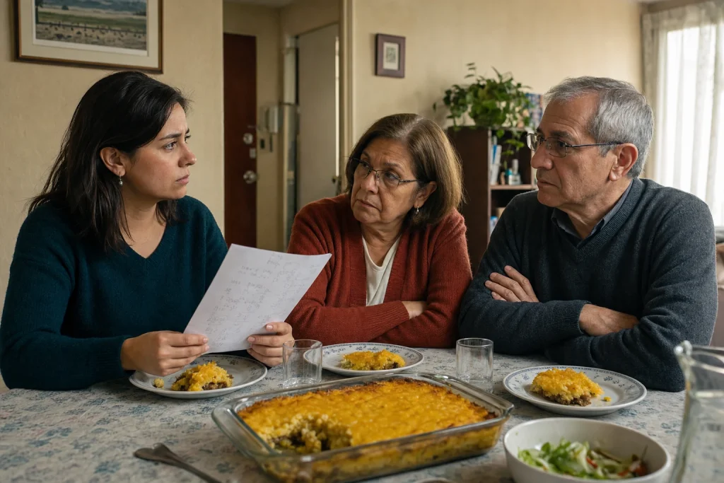 Daniela habla con Elena y Raúl en una mesa mientras sostiene una hoja de cálculos